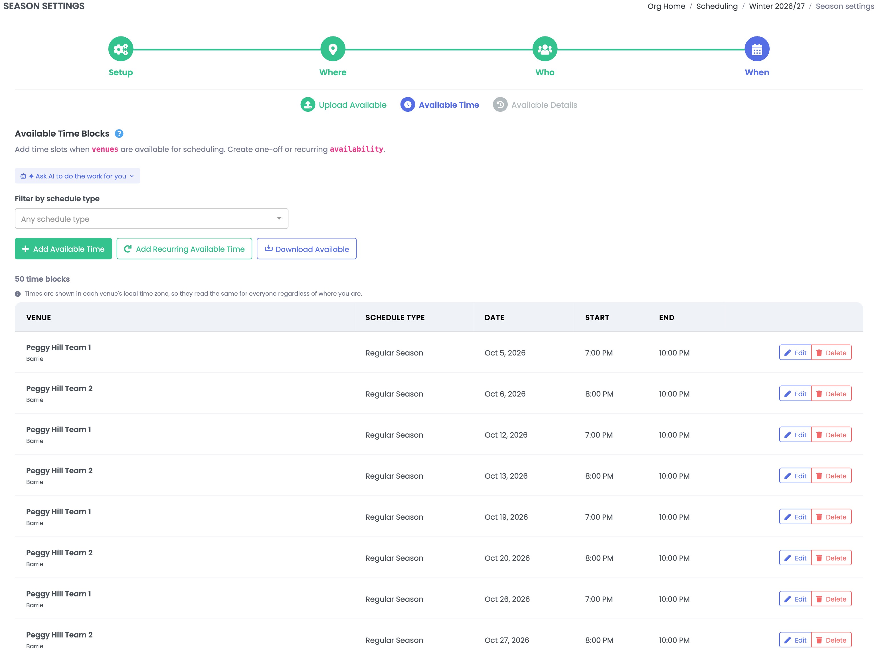 SportsPlanr season settings listing 50 available time blocks by location, schedule type, date, and start and end time