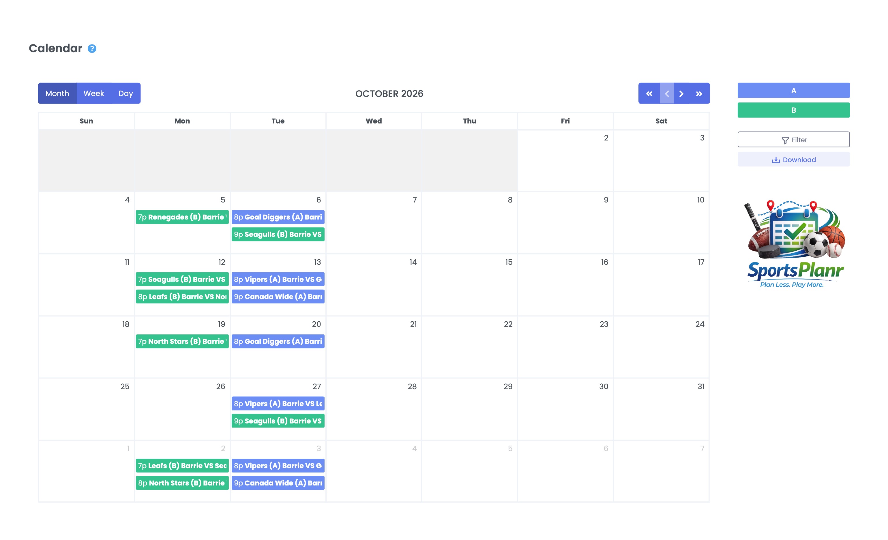 A completed SportsPlanr league schedule — a month calendar filled with games across divisions